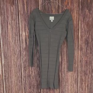 Bebe Gray Ribbed Bodycon Dress V-Neck Long Sleeve